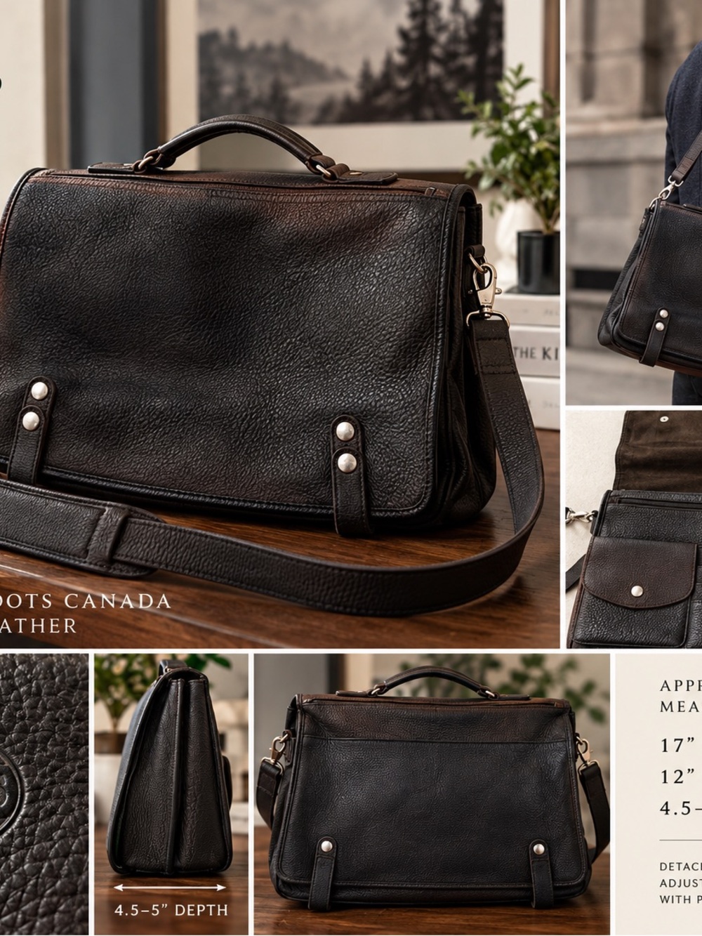 Vintage Roots Canada Men’s Leather Mailbag Messenger Briefcase Black